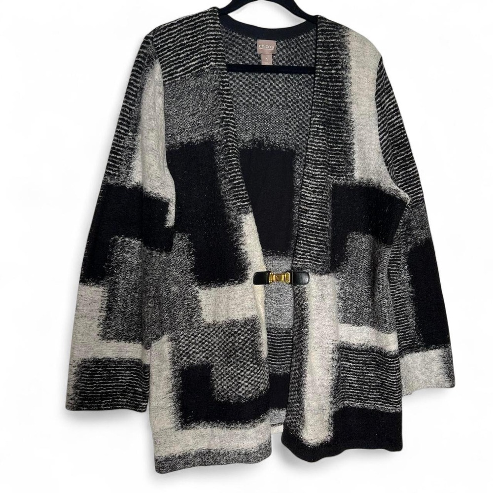 Chico's Black & White Cotton Blend Oversized Cardigan with Gold Buckle